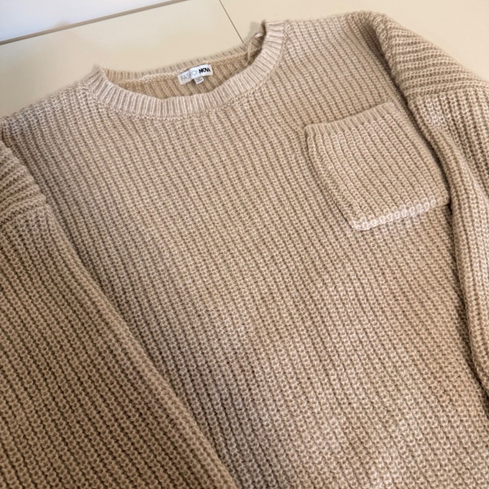 Fashion Nova Womens Tan Beige Ribbed Chunky Knit Pocket Sweater Size M HF25F299